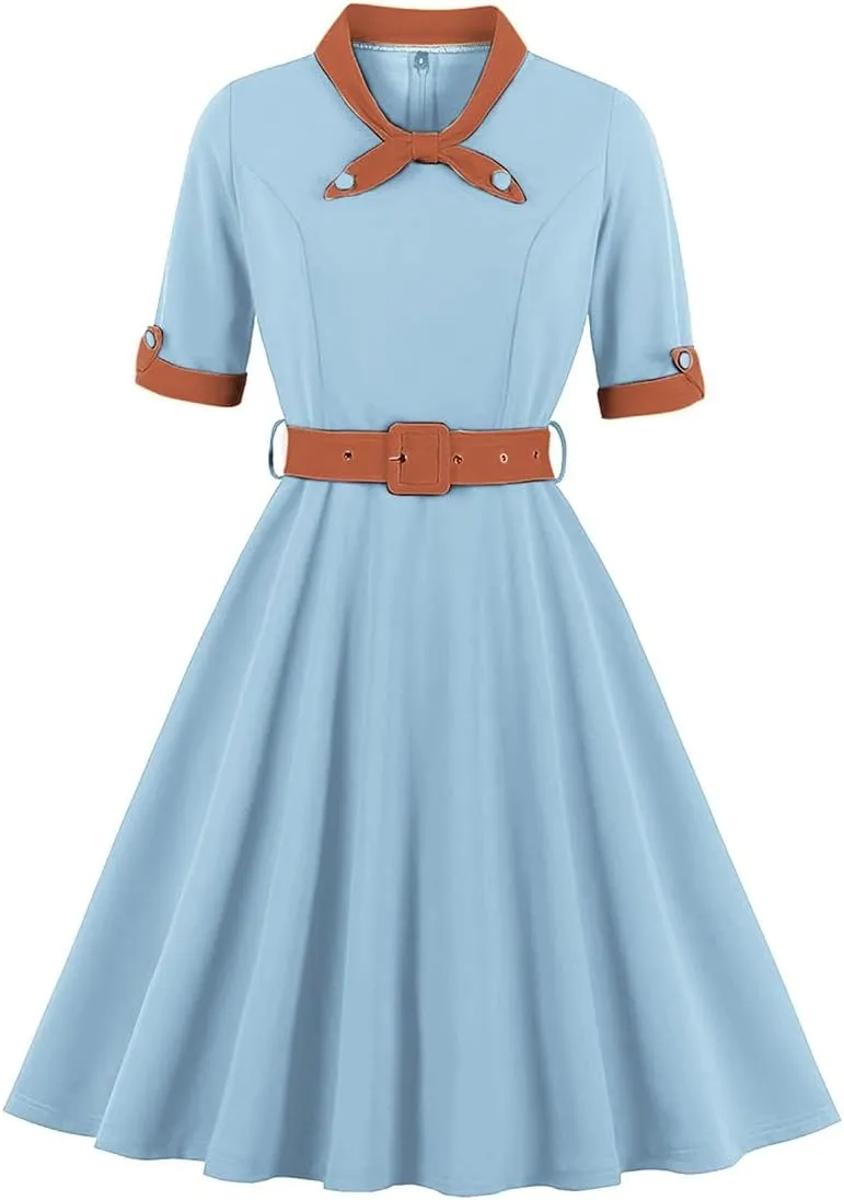 1950s Dresses for Women Vintage Rockabilly Retro Short Sleeve Tie Midi Dress Cocktail Party Evening Prom Gown