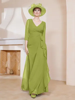 3/4-Length Sleeves V-neck Pleated Long Dress Clover