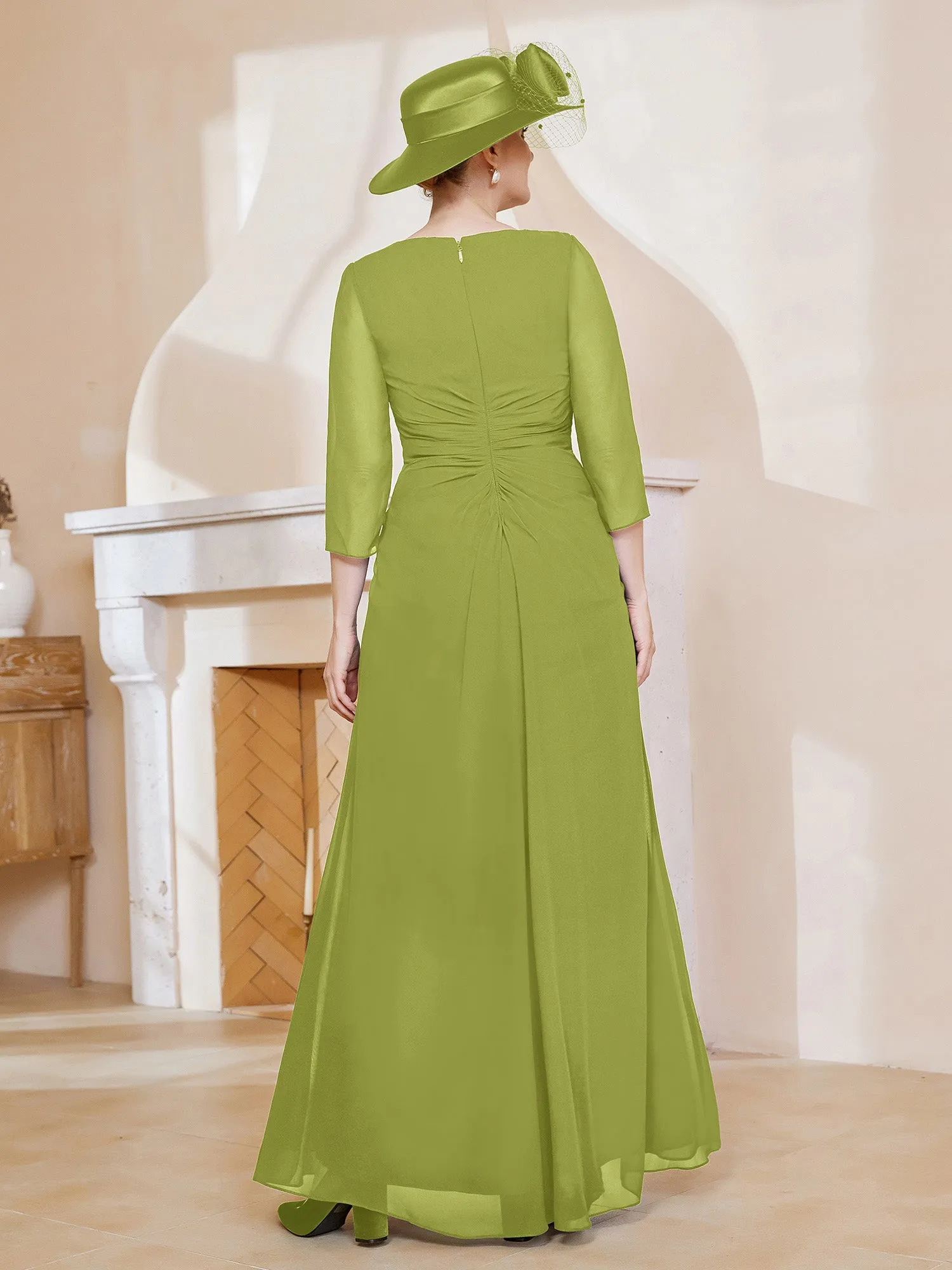 3/4-Length Sleeves V-neck Pleated Long Dress Clover