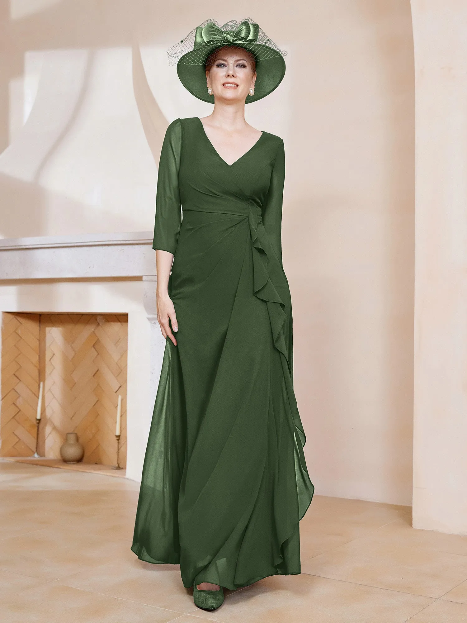3/4-Length Sleeves V-neck Pleated Long Dress Olive Green