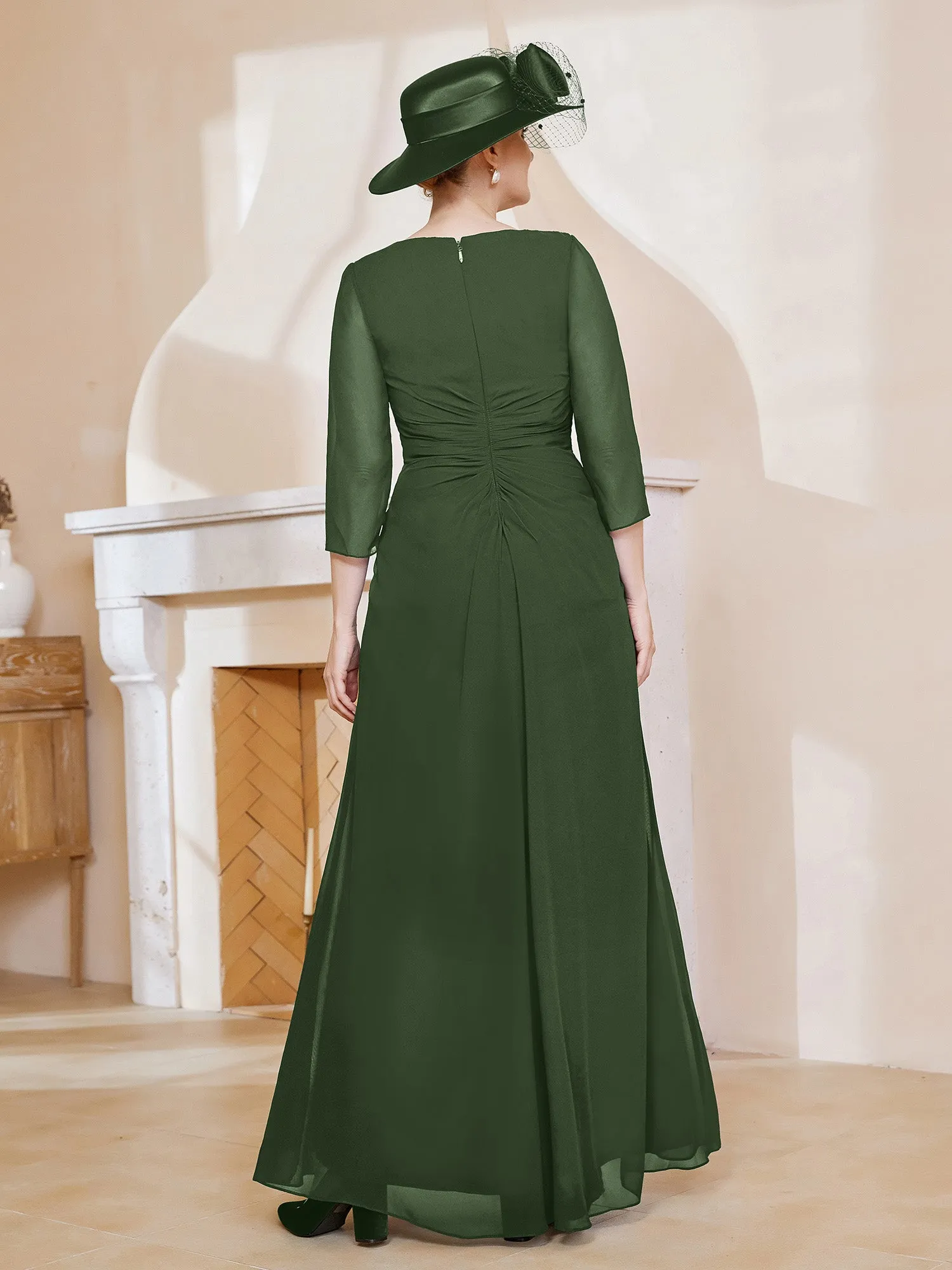 3/4-Length Sleeves V-neck Pleated Long Dress Olive Green