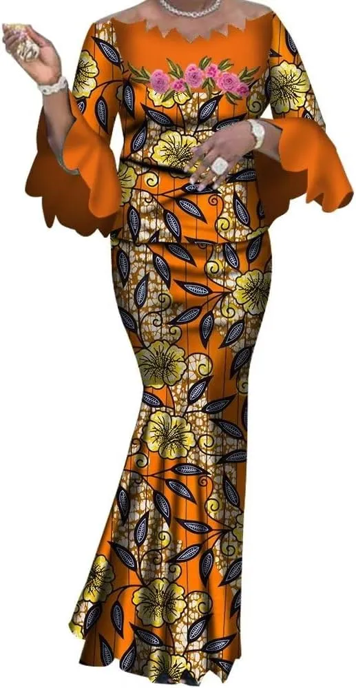 African Skirt Sets for Women Elegant Irregular Neck Tops and Long Skirts Outfits Africa Clothing