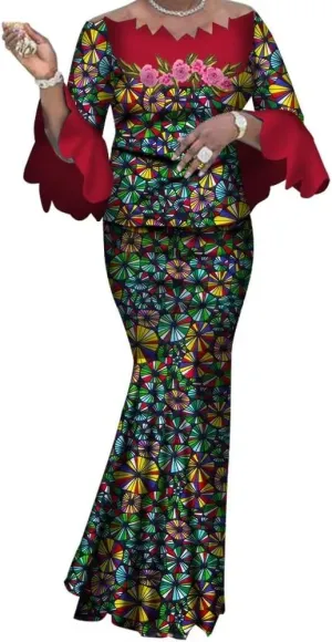 African Skirt Sets for Women Elegant Irregular Neck Tops and Long Skirts Outfits Africa Clothing