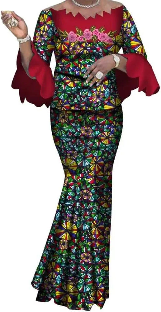 African Skirt Sets for Women Elegant Irregular Neck Tops and Long Skirts Outfits Africa Clothing