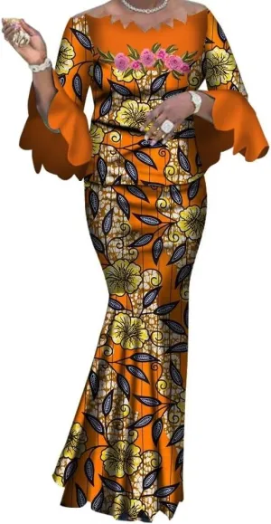 African Skirt Sets for Women Elegant Irregular Neck Tops and Long Skirts Outfits Africa Clothing