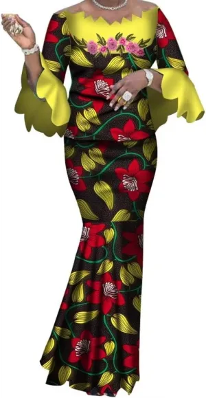 African Skirt Sets for Women Elegant Irregular Neck Tops and Long Skirts Outfits Africa Clothing