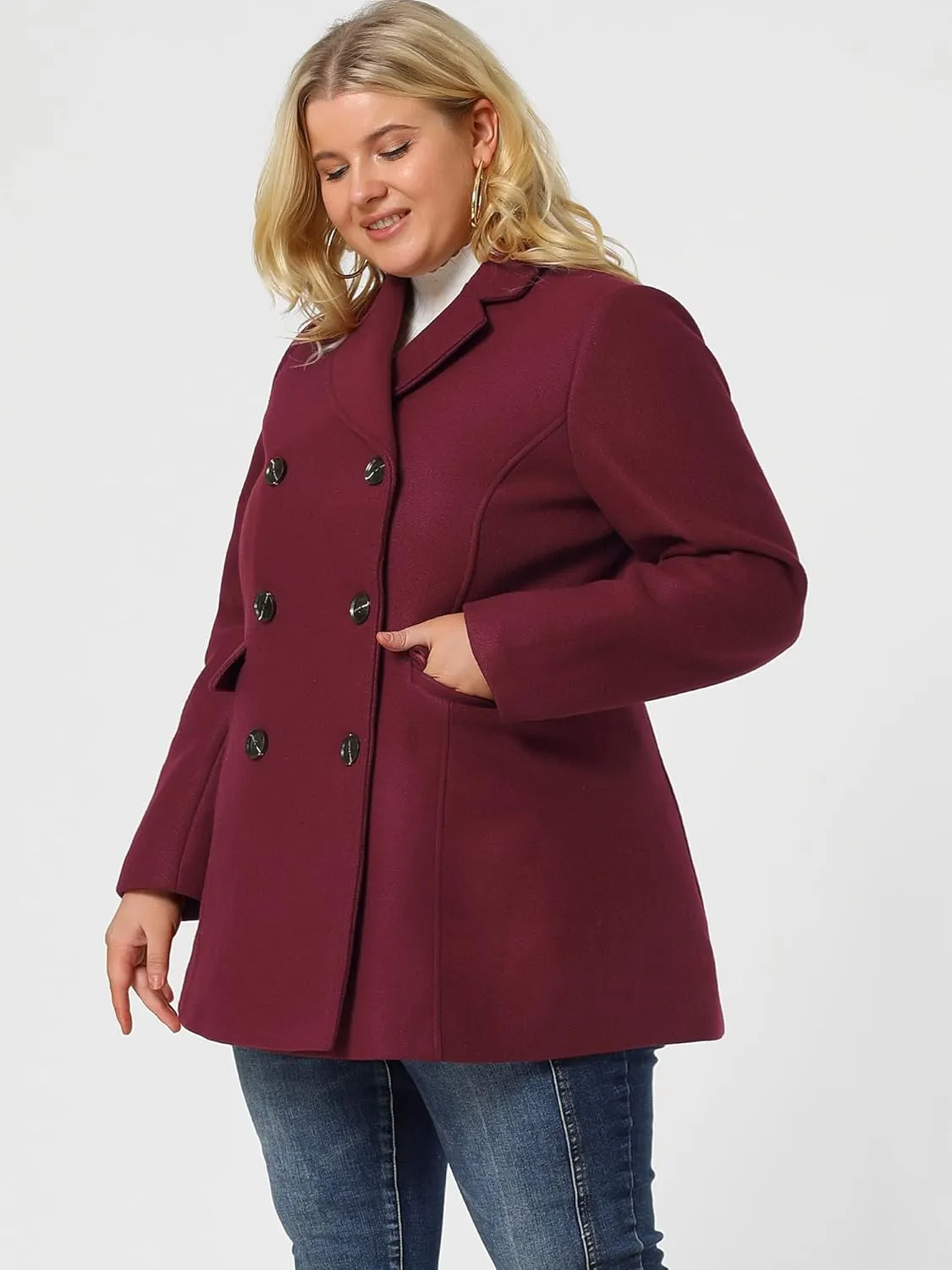 Agnes Orinda Women's Plus Size Notched Lapel Double Breasted Long Coat