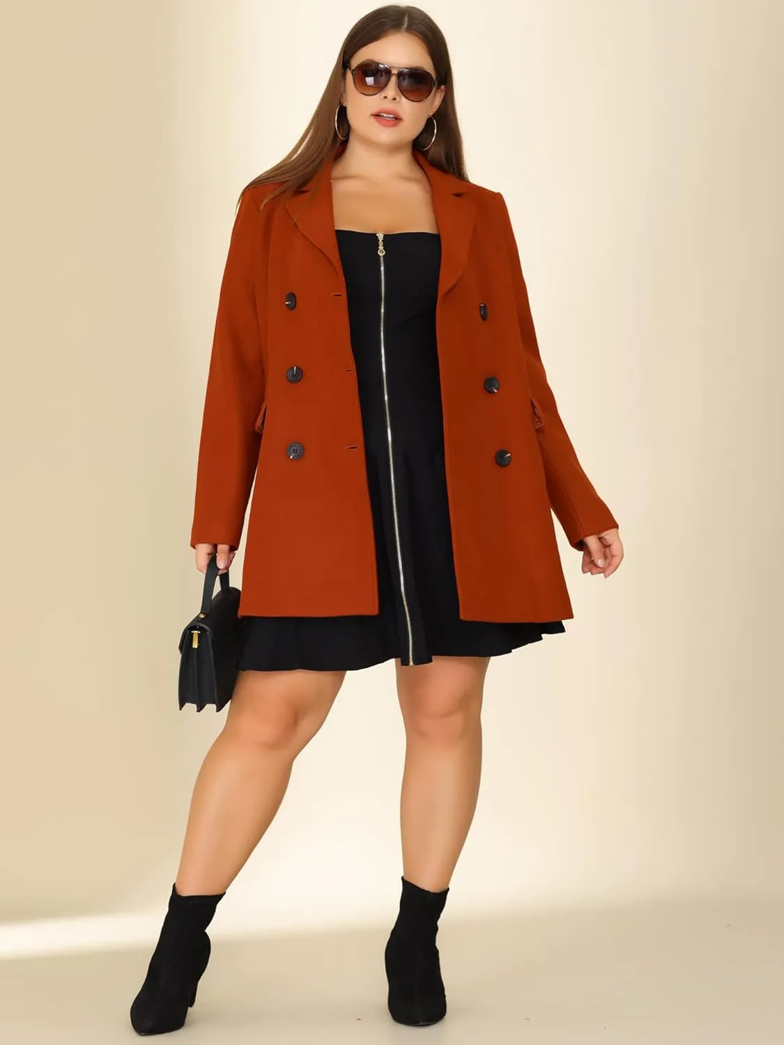 Agnes Orinda Women's Plus Size Notched Lapel Double Breasted Long Coat