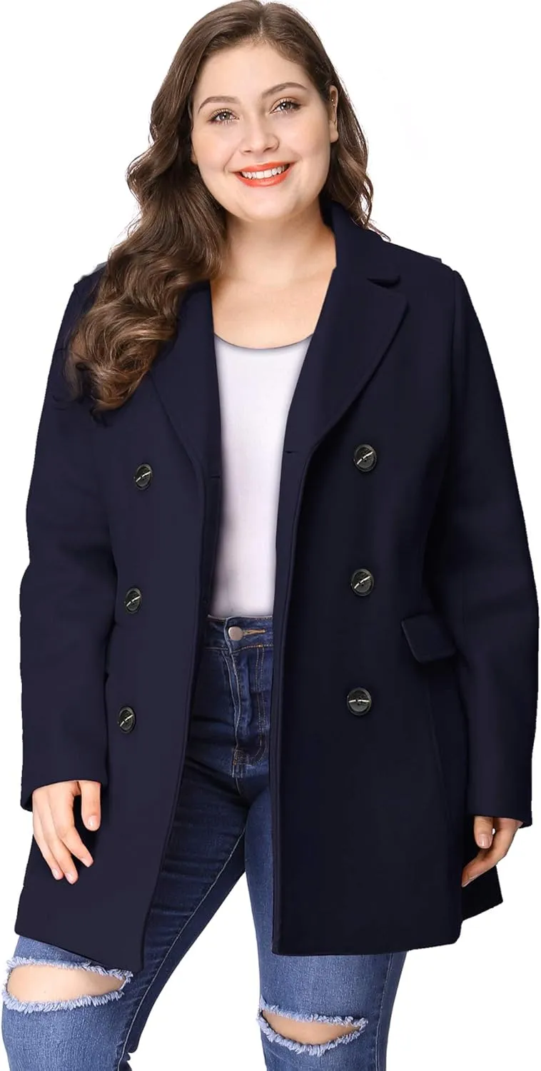 Agnes Orinda Women's Plus Size Notched Lapel Double Breasted Long Coat