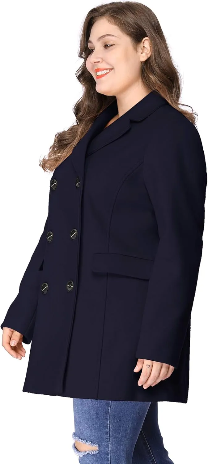Agnes Orinda Women's Plus Size Notched Lapel Double Breasted Long Coat