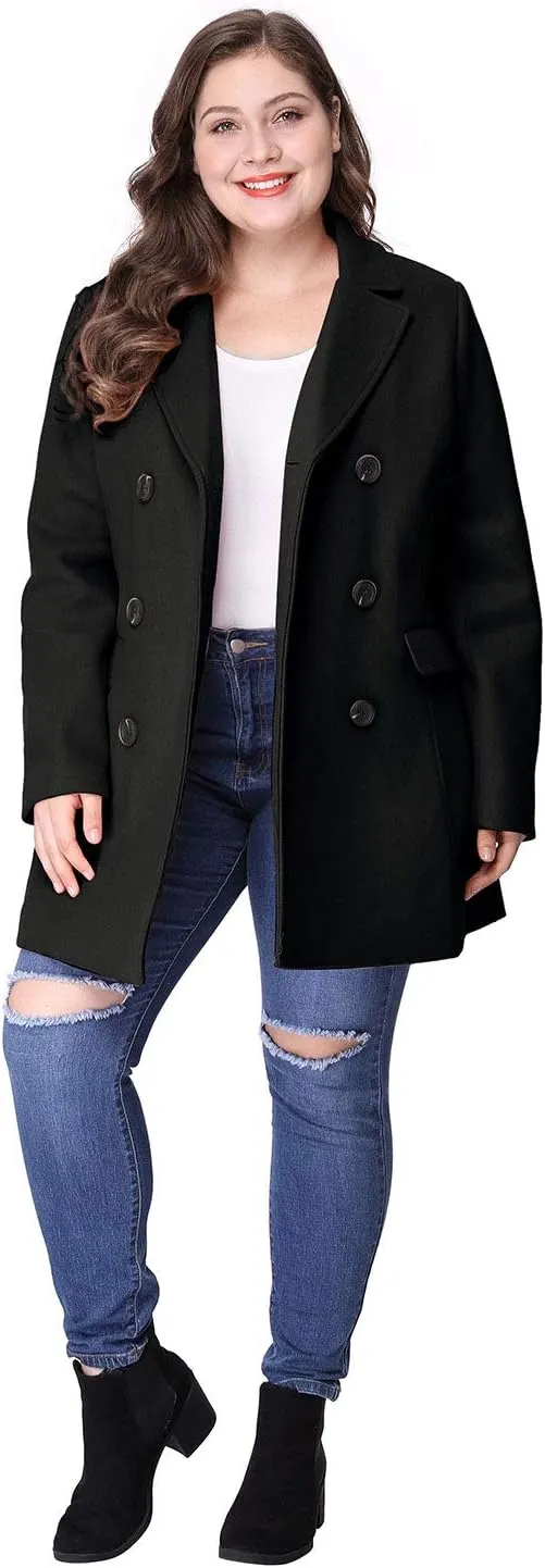 Agnes Orinda Women's Plus Size Notched Lapel Double Breasted Long Coat
