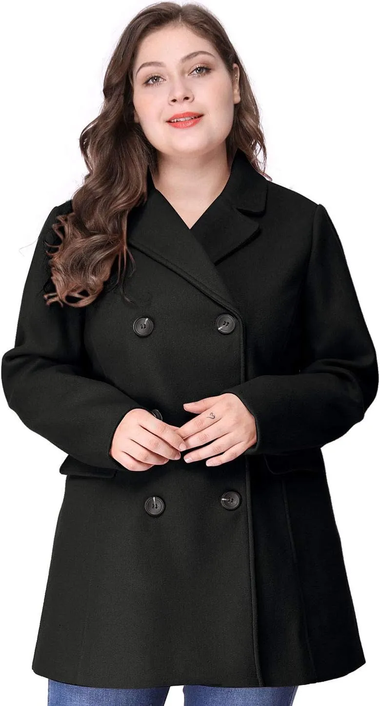 Agnes Orinda Women's Plus Size Notched Lapel Double Breasted Long Coat