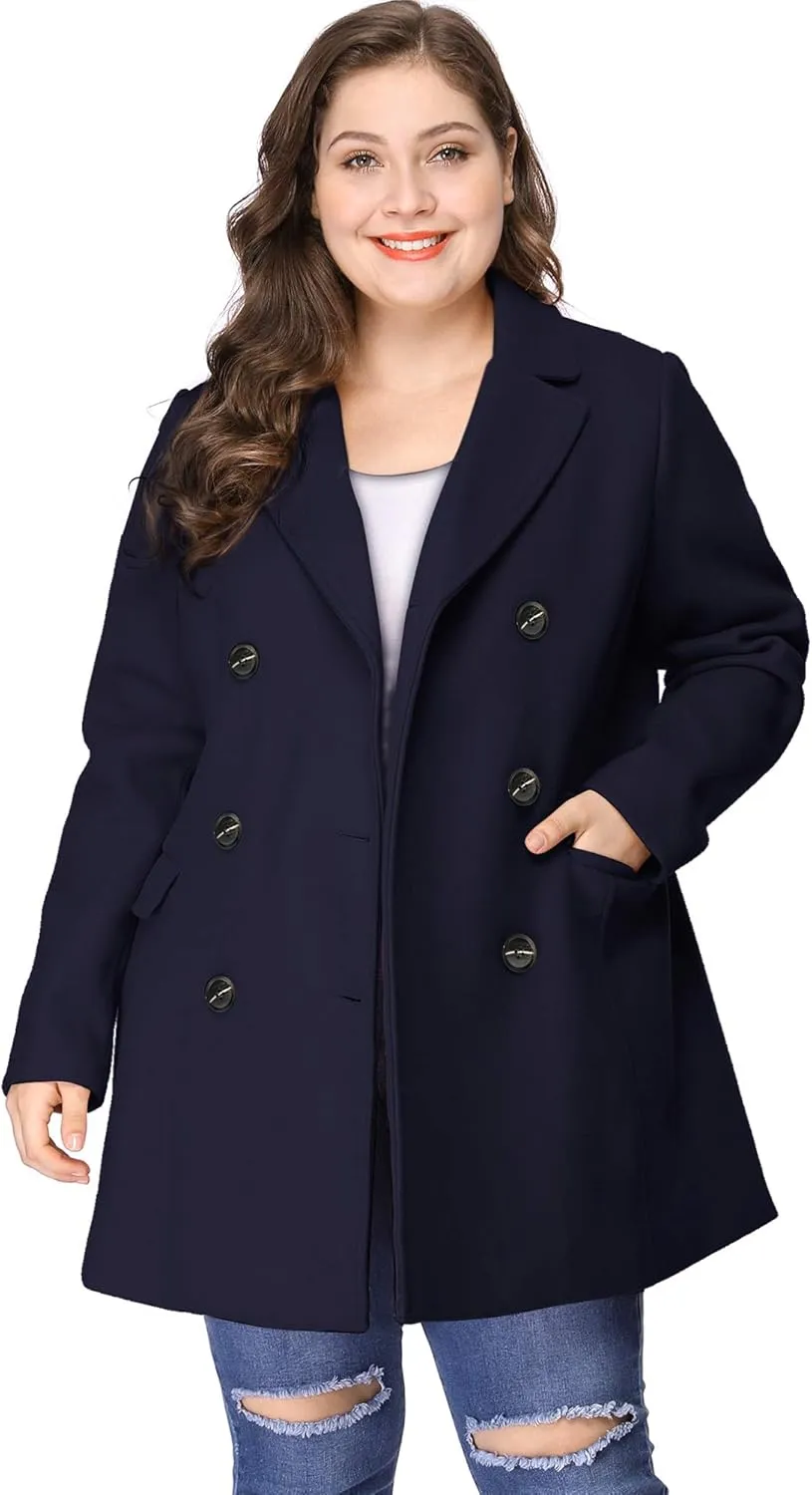 Agnes Orinda Women's Plus Size Notched Lapel Double Breasted Long Coat