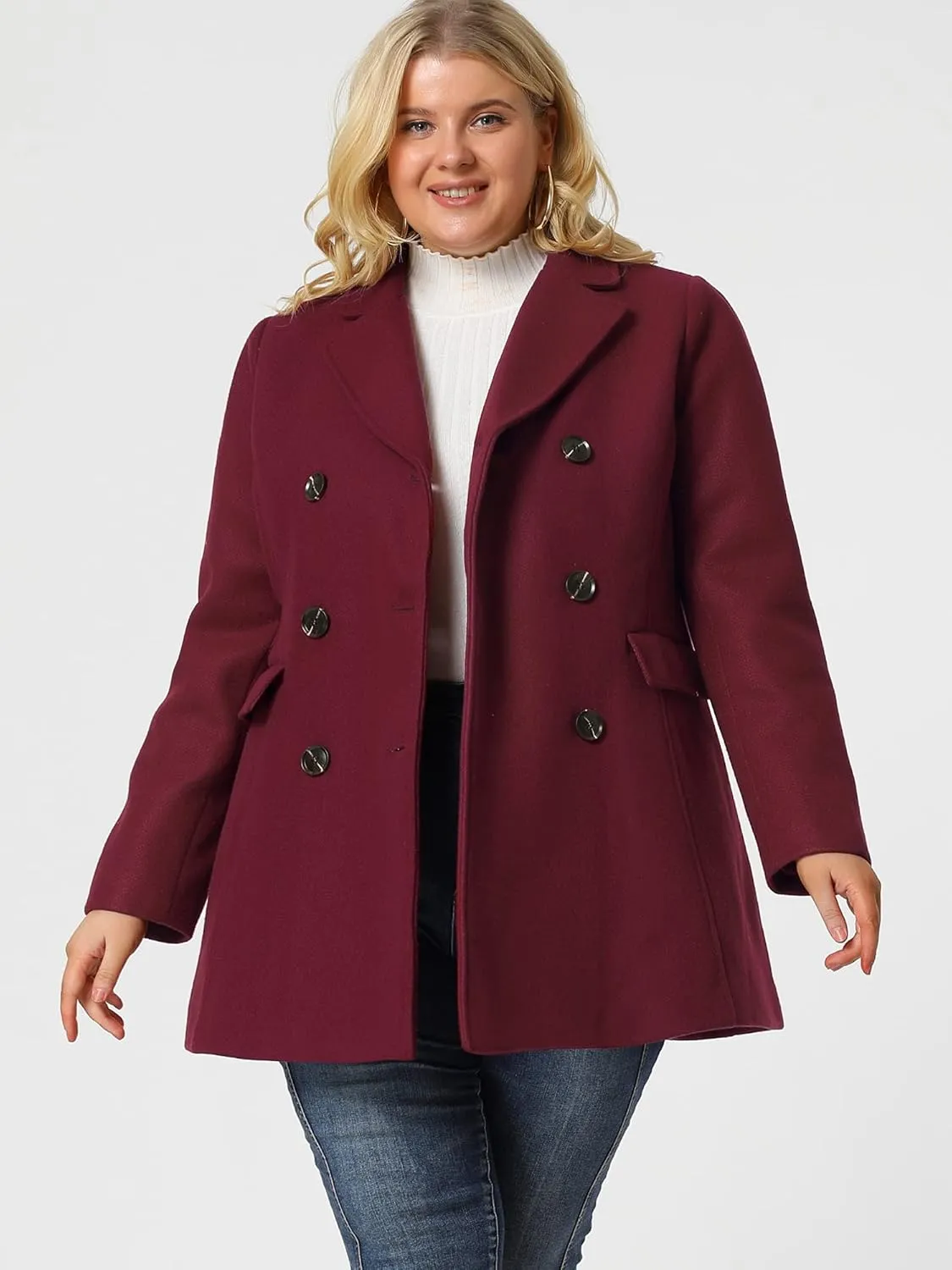 Agnes Orinda Women's Plus Size Notched Lapel Double Breasted Long Coat