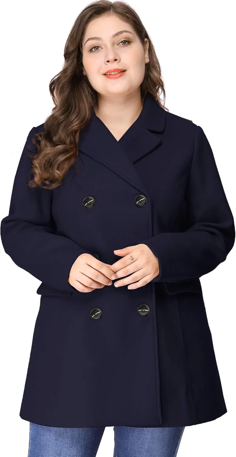 Agnes Orinda Women's Plus Size Notched Lapel Double Breasted Long Coat