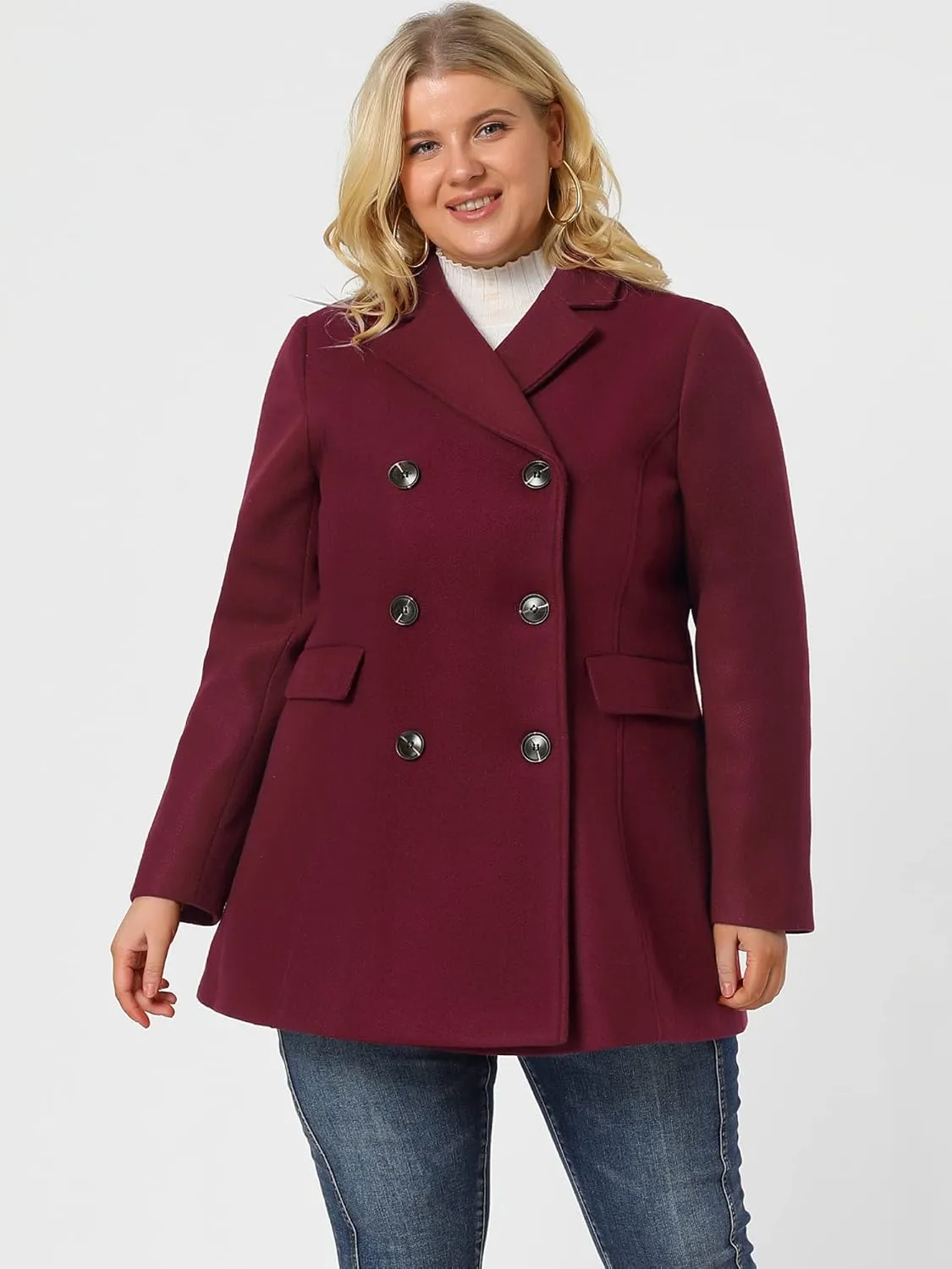 Agnes Orinda Women's Plus Size Notched Lapel Double Breasted Long Coat