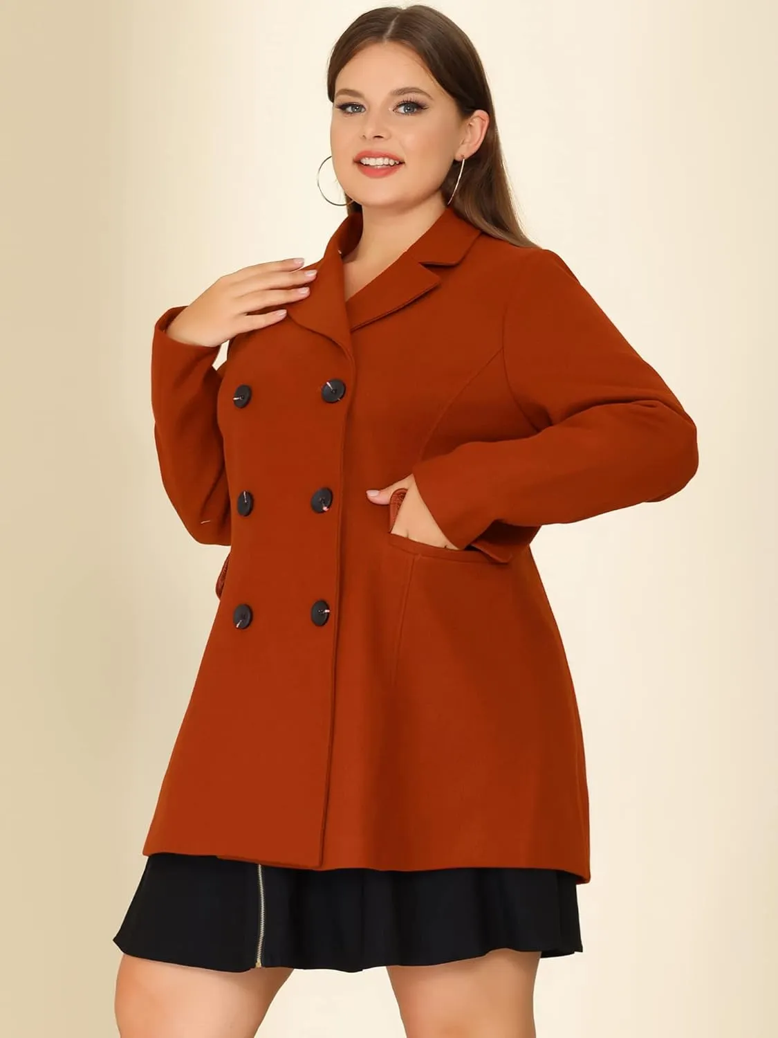 Agnes Orinda Women's Plus Size Notched Lapel Double Breasted Long Coat