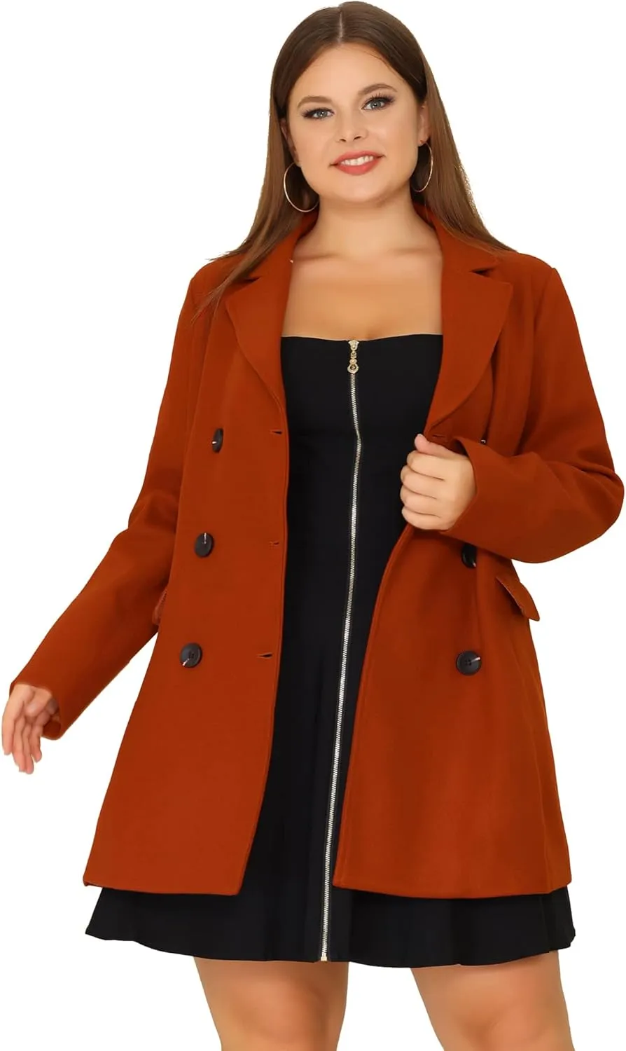 Agnes Orinda Women's Plus Size Notched Lapel Double Breasted Long Coat