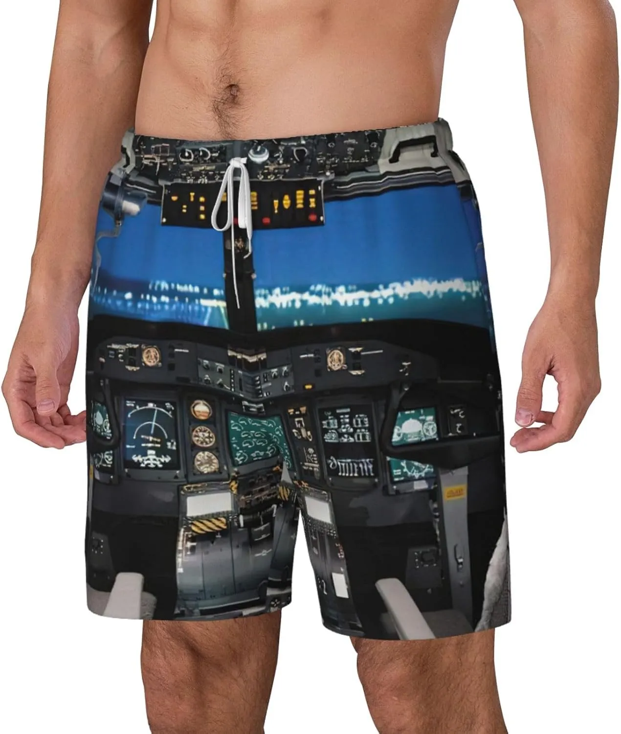 Airplane Cockpit Print Mens Swim Trunks Quick Dry Board Shorts Mesh Lining, Breathable Beach Surf Shorts