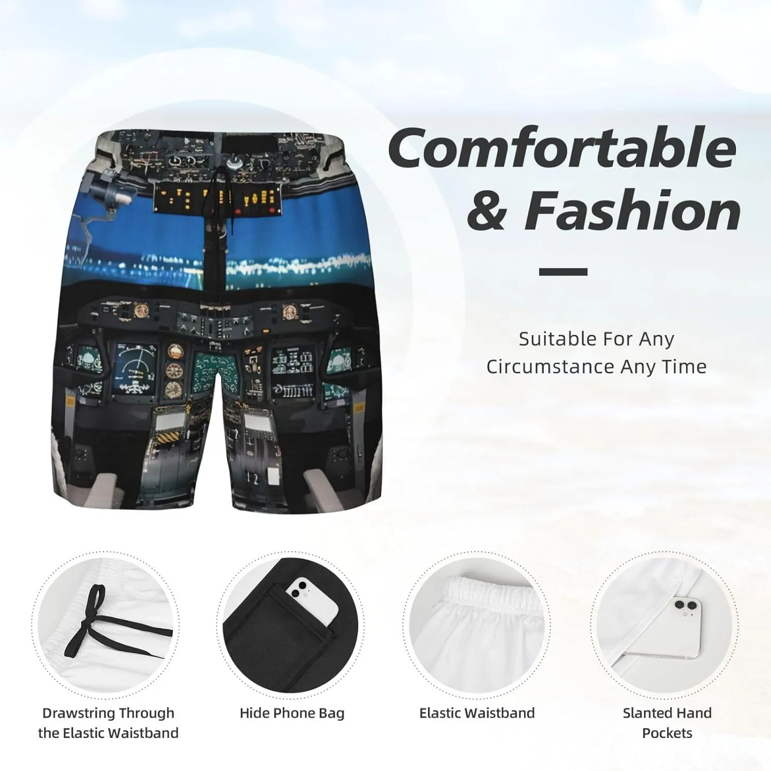 Airplane Cockpit Print Mens Swim Trunks Quick Dry Board Shorts Mesh Lining, Breathable Beach Surf Shorts