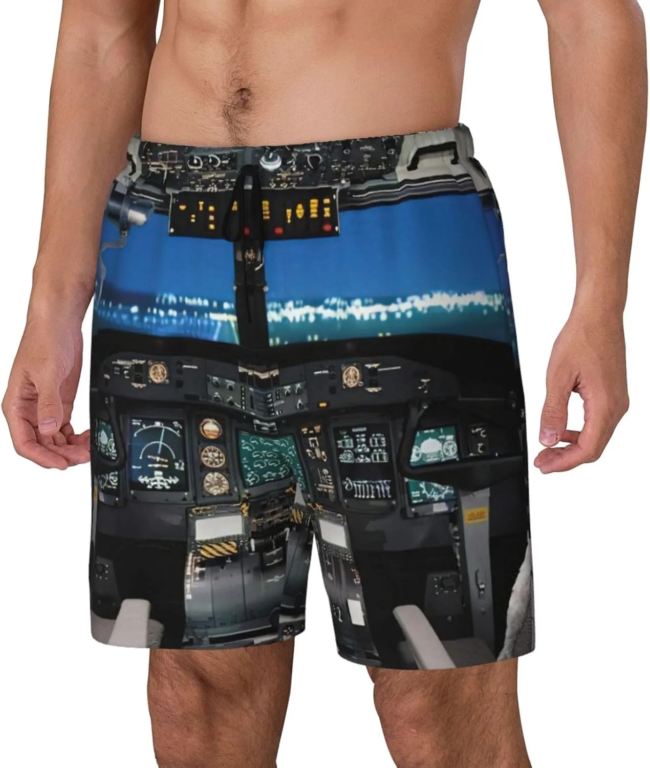 Airplane Cockpit Print Mens Swim Trunks Quick Dry Board Shorts Mesh Lining, Breathable Beach Surf Shorts
