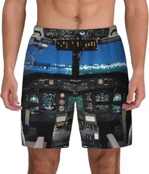 Airplane Cockpit Print Mens Swim Trunks Quick Dry Board Shorts Mesh Lining, Breathable Beach Surf Shorts