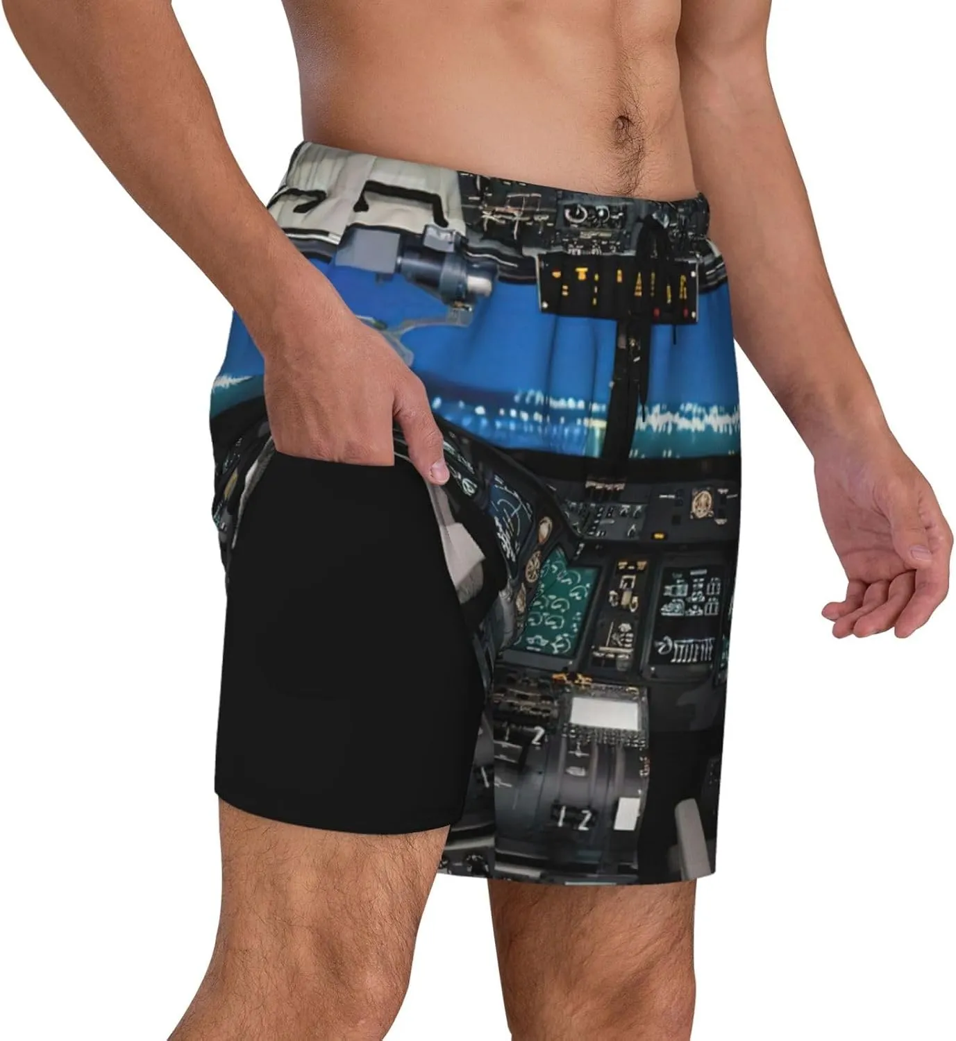 Airplane Cockpit Print Mens Swim Trunks Quick Dry Board Shorts Mesh Lining, Breathable Beach Surf Shorts