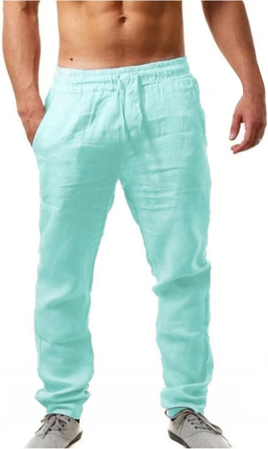 Alalaso Mens Long Pants Drawstring Stretch Trendy Cotton Linen Casual Summer Wicking Breathable Solid Color Trousers
