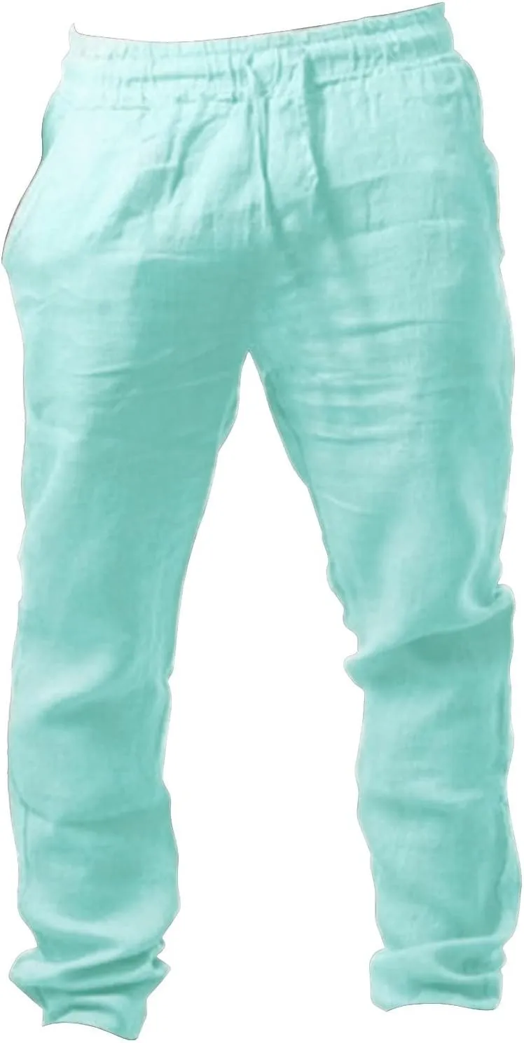Alalaso Mens Long Pants Drawstring Stretch Trendy Cotton Linen Casual Summer Wicking Breathable Solid Color Trousers