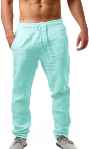 Alalaso Mens Long Pants Drawstring Stretch Trendy Cotton Linen Casual Summer Wicking Breathable Solid Color Trousers