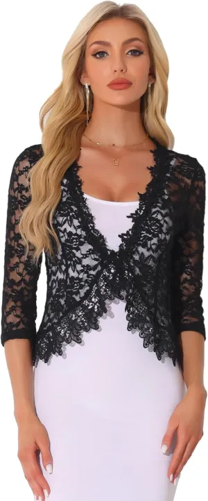 Allegra K Floral Lace Shrugs for Women's Evening 3/4 Sleeves Formal Elegant Bolero Cardigan