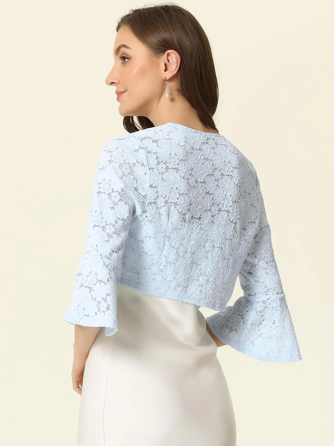 Allegra K Lace Shrug for Women's Evening Open Front Bell Sleeves Elegant Bolero Cardigan