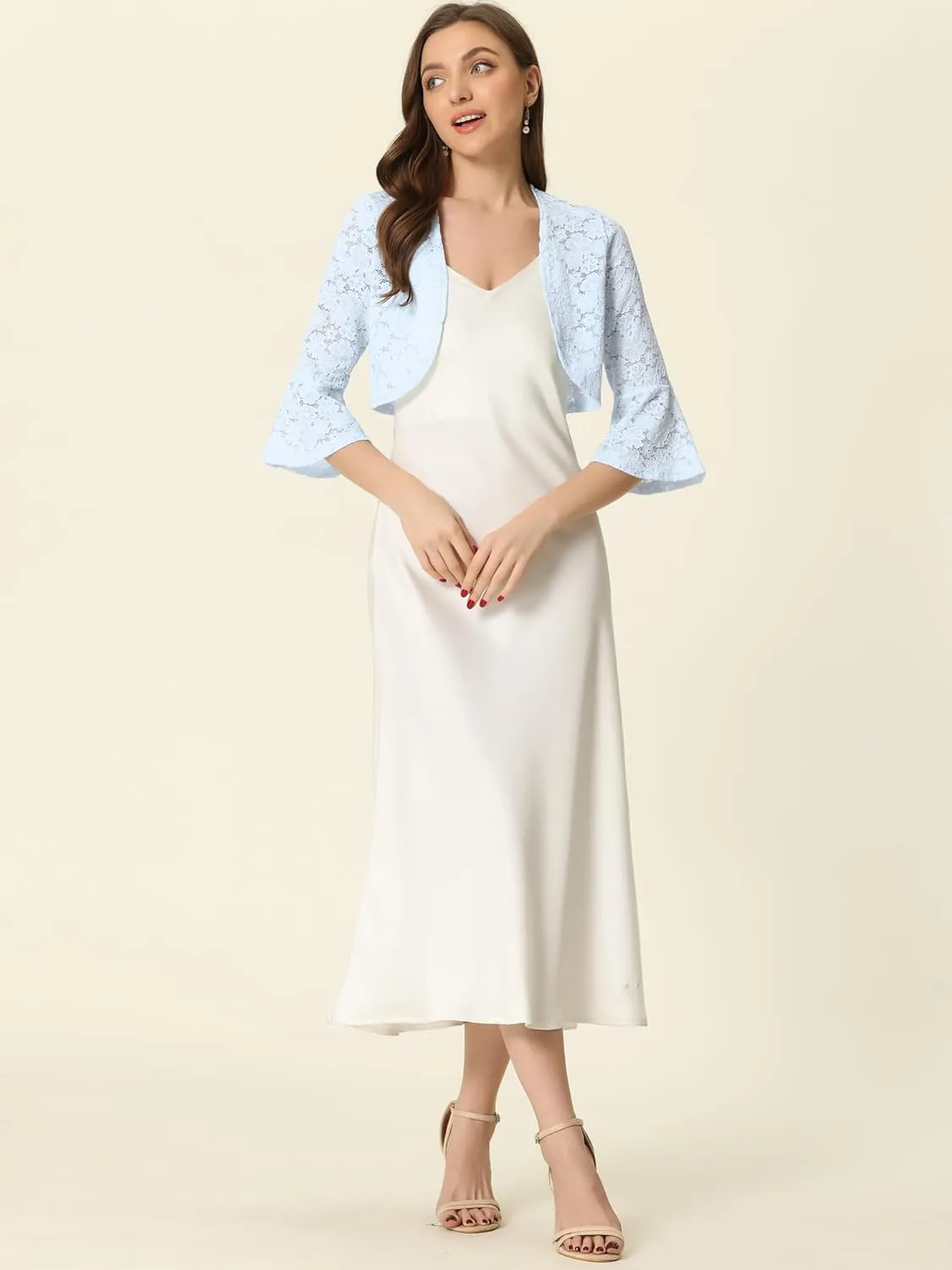 Allegra K Lace Shrug for Women's Evening Open Front Bell Sleeves Elegant Bolero Cardigan