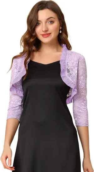 Allegra K Women's Elegant Lace Cardigan Ruffle Collar Crop 3/4 Sleeve Sheer Bolero Floral Lace Shrug Top