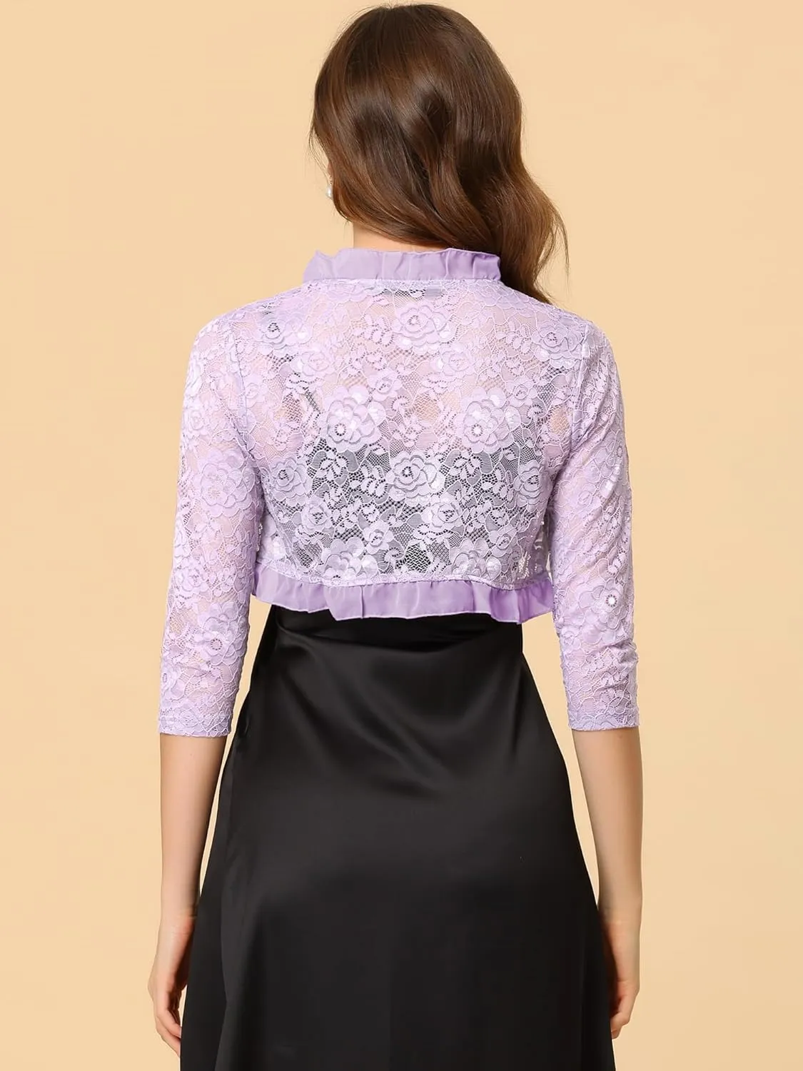 Allegra K Women's Elegant Lace Cardigan Ruffle Collar Crop 3/4 Sleeve Sheer Bolero Floral Lace Shrug Top