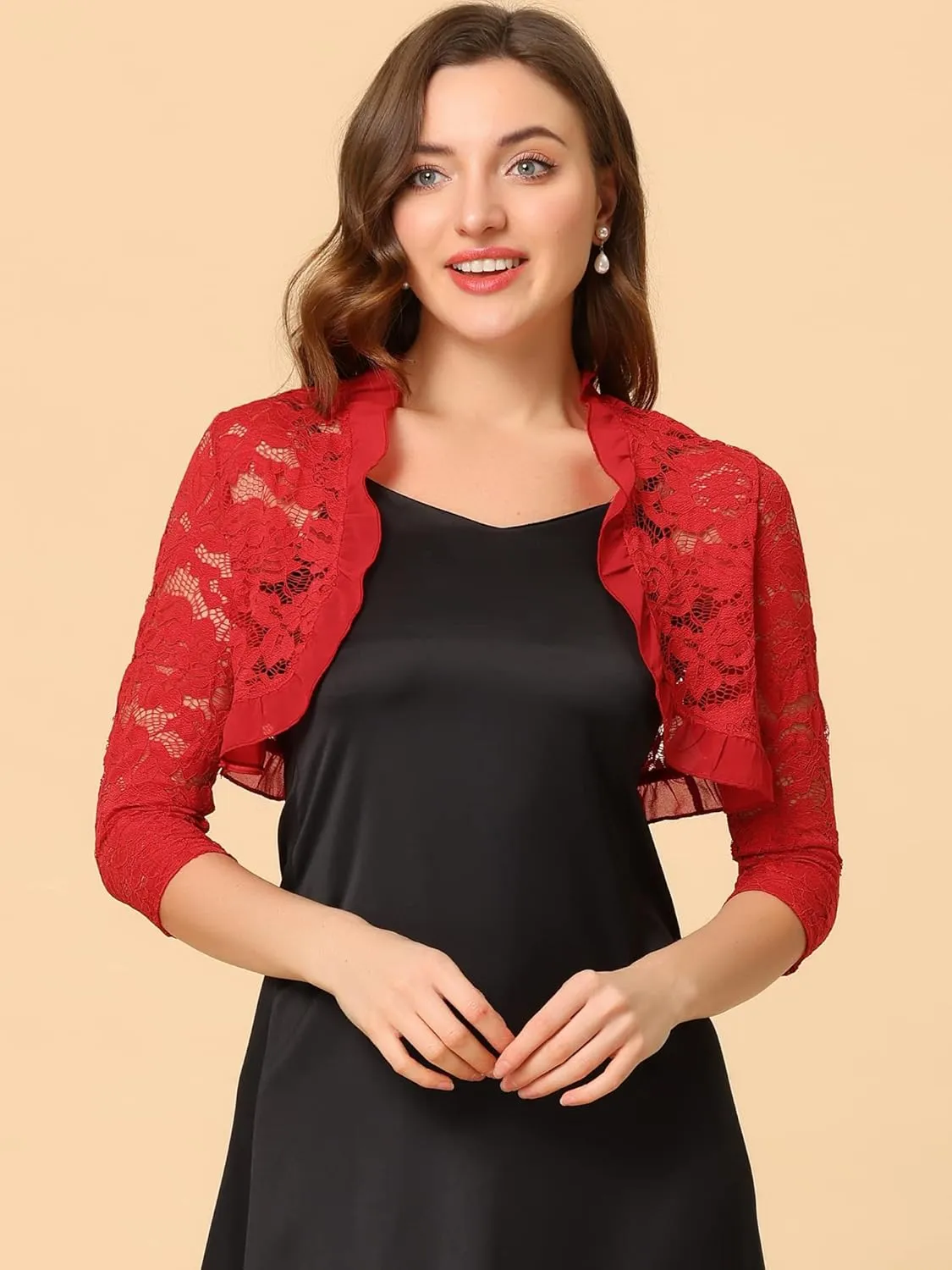 Allegra K Women's Elegant Lace Cardigan Ruffle Collar Crop 3/4 Sleeve Sheer Bolero Floral Lace Shrug Top