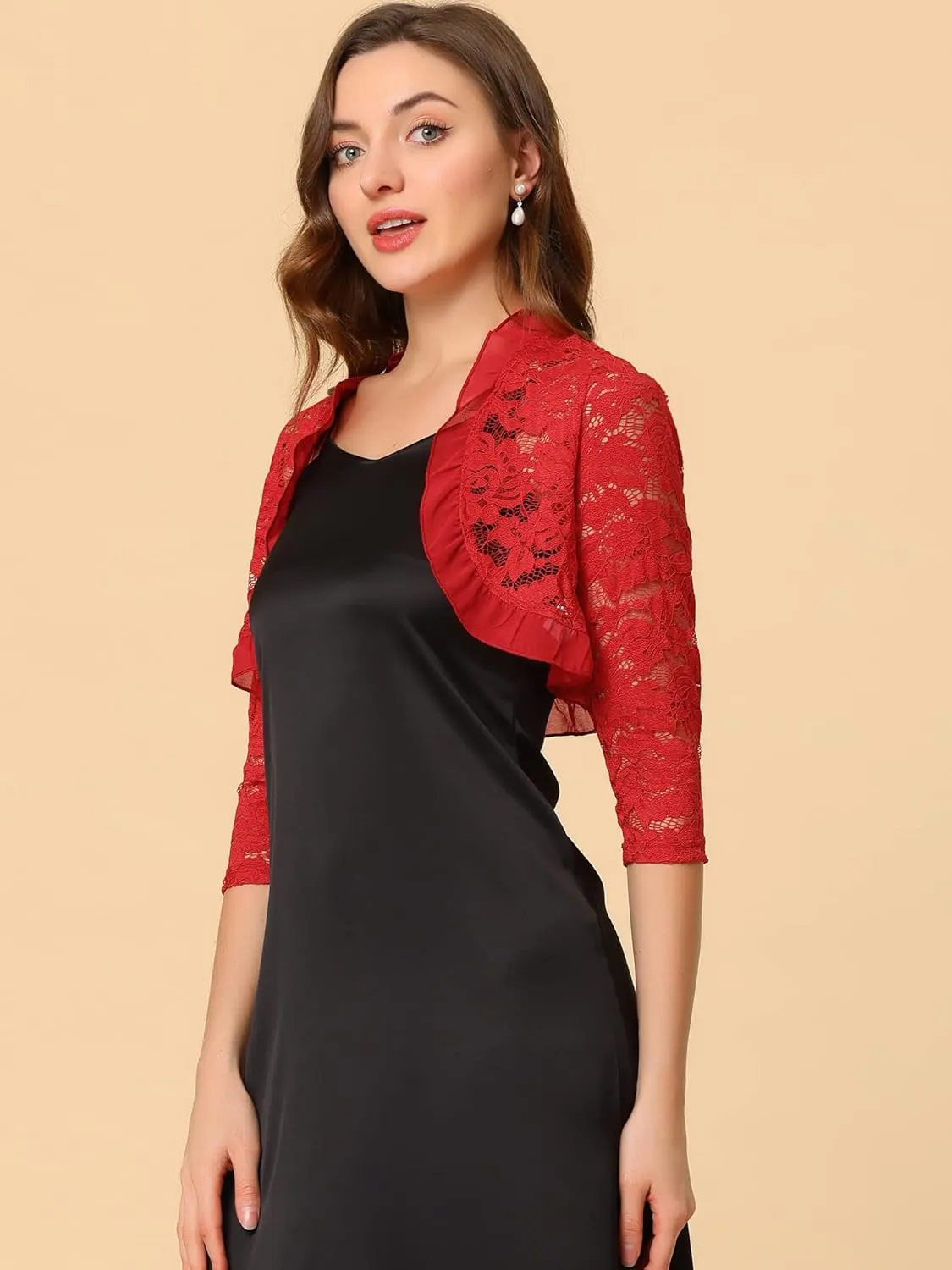 Allegra K Women's Elegant Lace Cardigan Ruffle Collar Crop 3/4 Sleeve Sheer Bolero Floral Lace Shrug Top