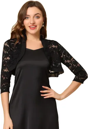 Allegra K Women's Elegant Lace Cardigan Ruffle Collar Crop 3/4 Sleeve Sheer Bolero Floral Lace Shrug Top