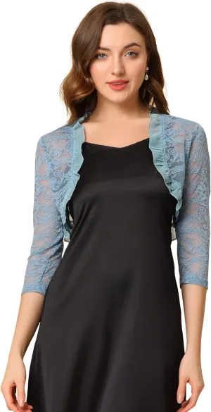 Allegra K Women's Elegant Lace Cardigan Ruffle Collar Crop 3/4 Sleeve Sheer Bolero Floral Lace Shrug Top