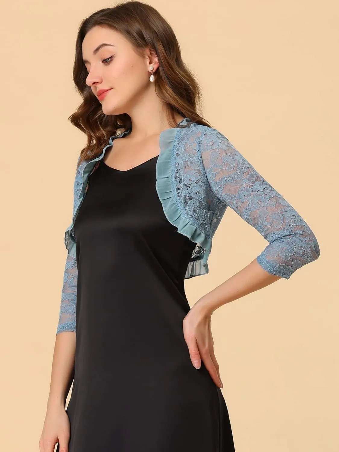 Allegra K Women's Elegant Lace Cardigan Ruffle Collar Crop 3/4 Sleeve Sheer Bolero Floral Lace Shrug Top