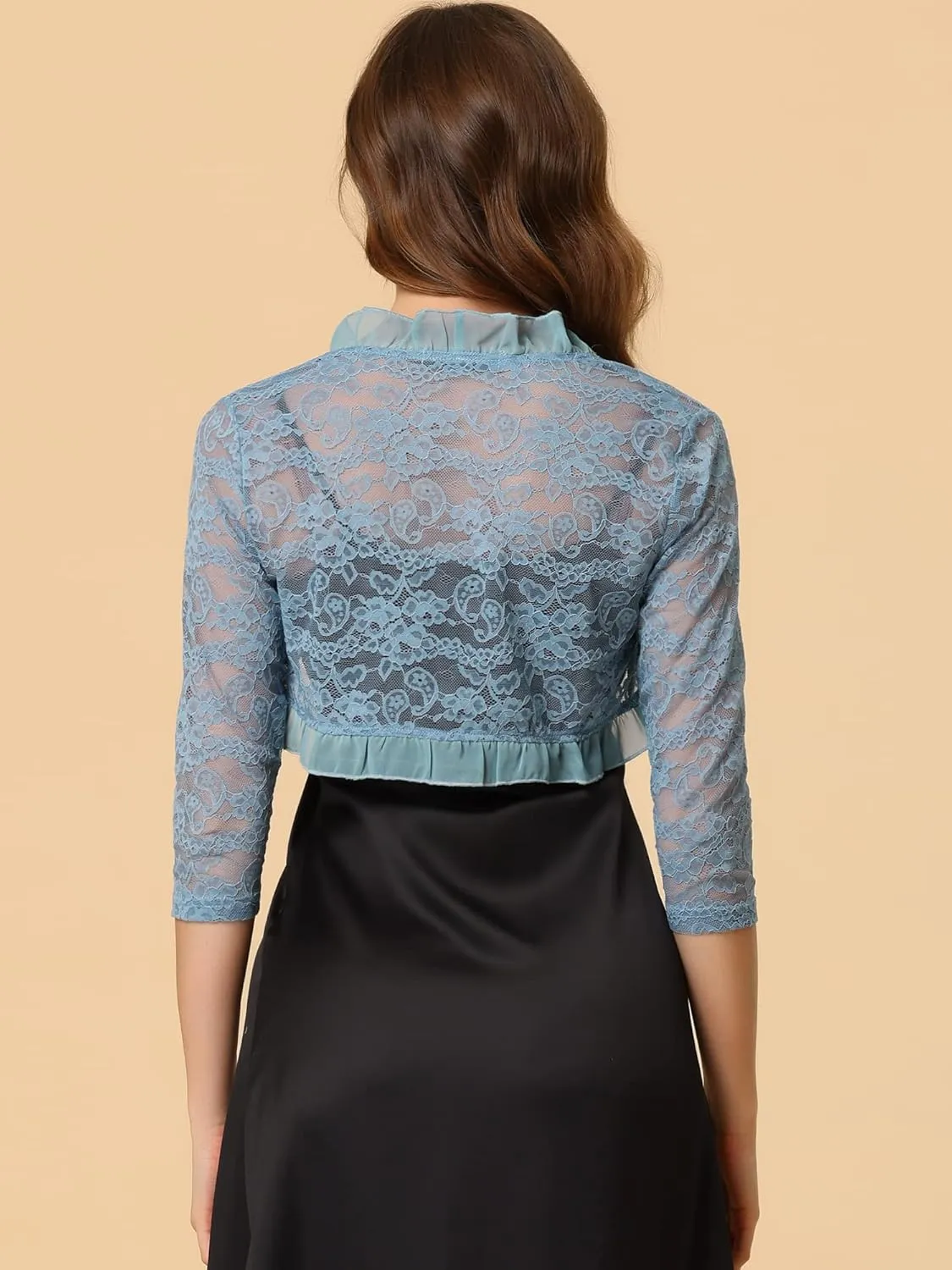 Allegra K Women's Elegant Lace Cardigan Ruffle Collar Crop 3/4 Sleeve Sheer Bolero Floral Lace Shrug Top