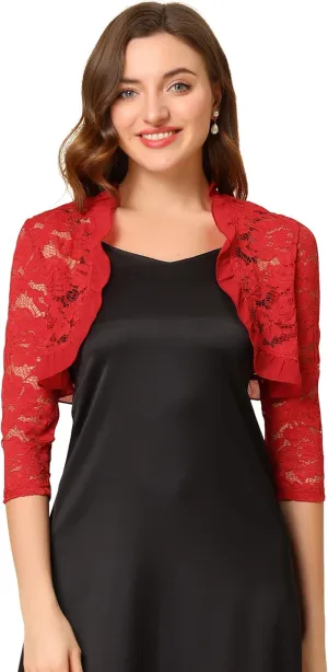 Allegra K Women's Elegant Lace Cardigan Ruffle Collar Crop 3/4 Sleeve Sheer Bolero Floral Lace Shrug Top