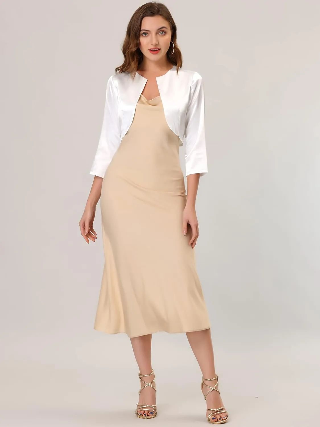 Allegra K Women's Satin Cardigan Elegant 3/4 Sleeve Solid Bolero Shrug Tops