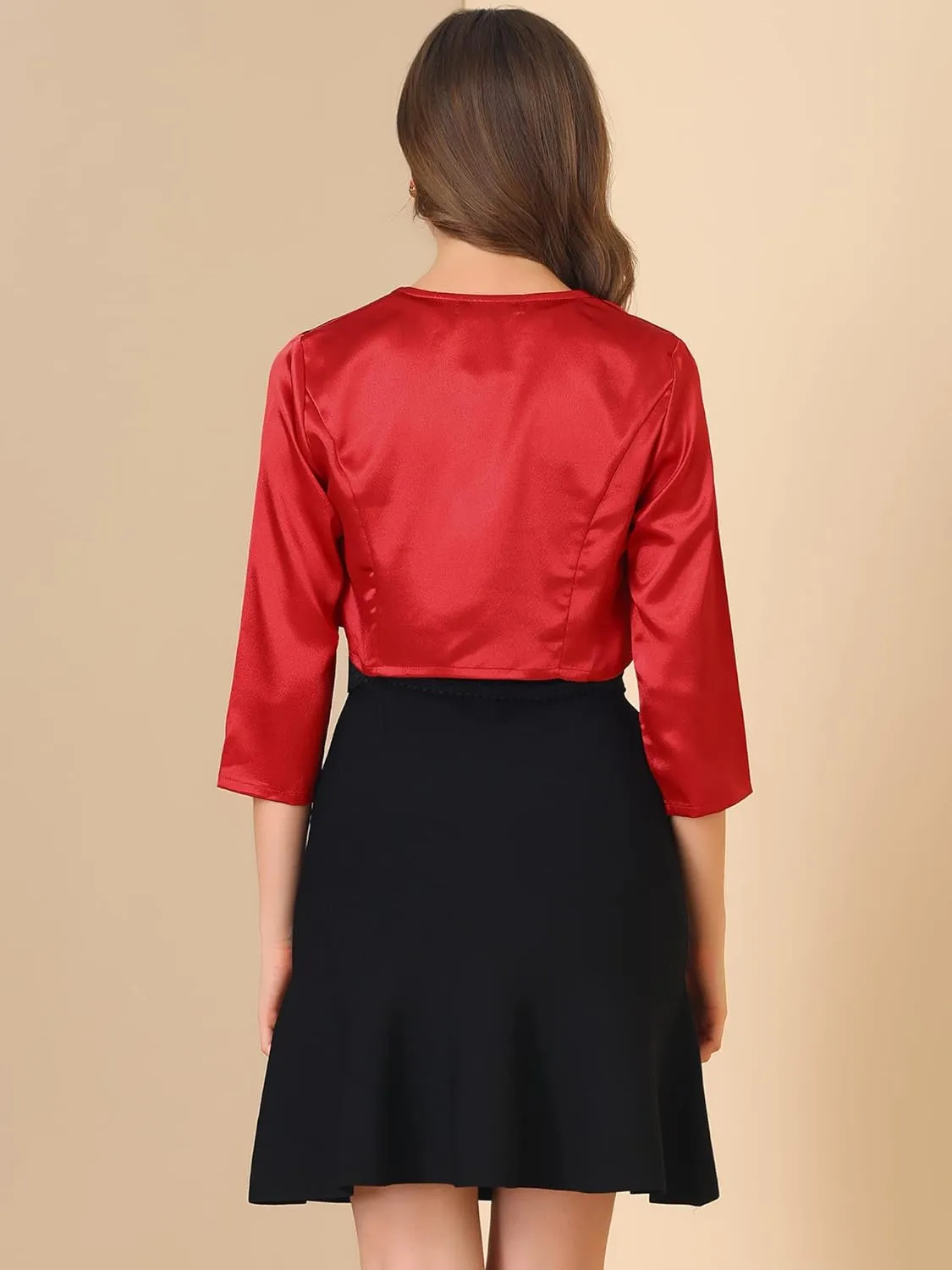 Allegra K Women's Satin Cardigan Elegant 3/4 Sleeve Solid Bolero Shrug Tops