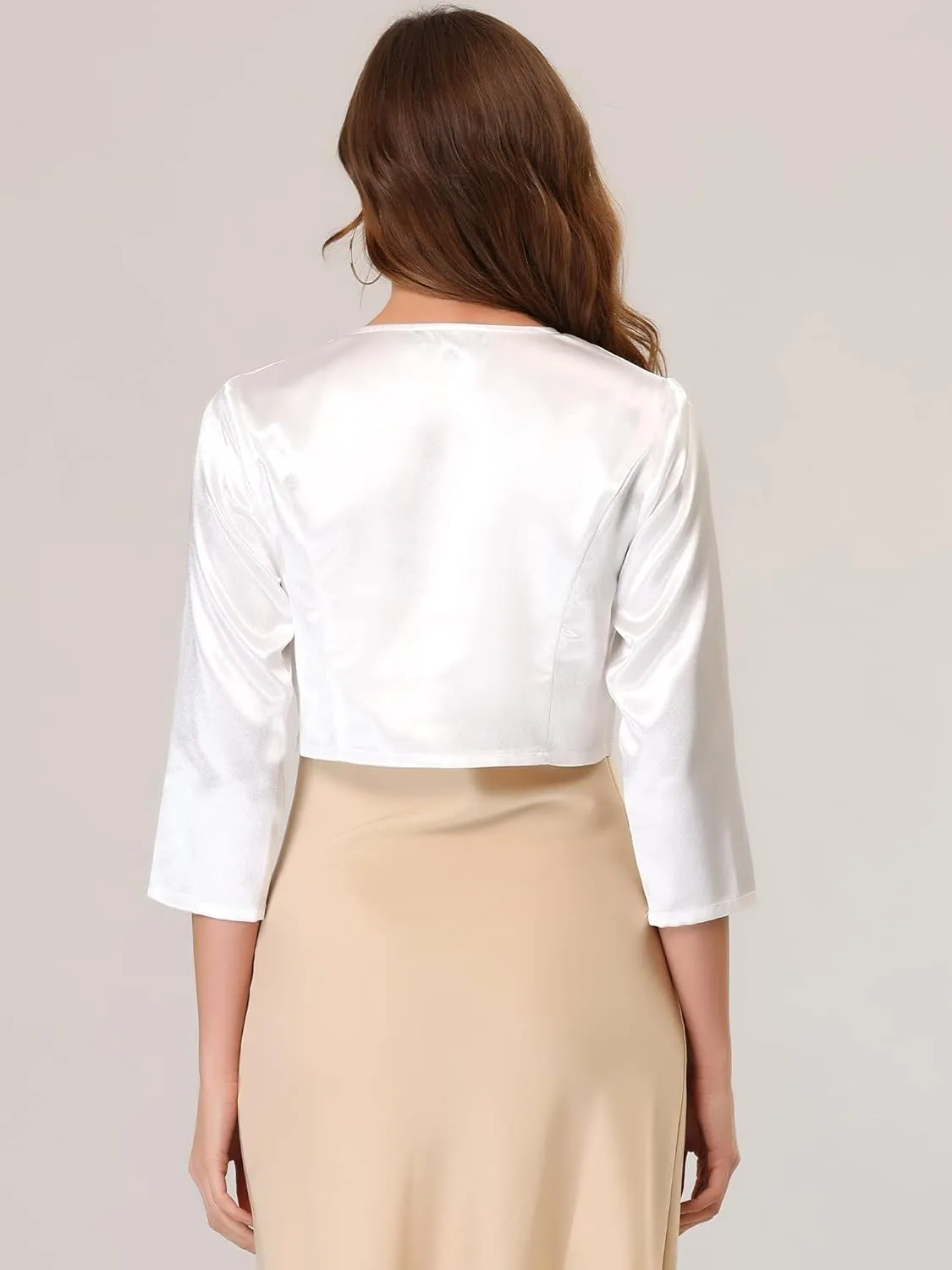 Allegra K Women's Satin Cardigan Elegant 3/4 Sleeve Solid Bolero Shrug Tops