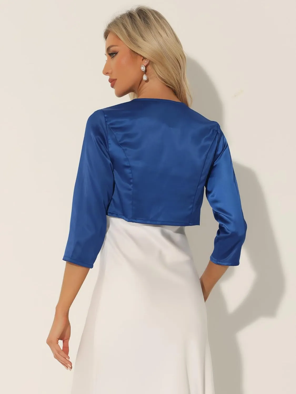 Allegra K Women's Satin Cardigan Elegant 3/4 Sleeve Solid Bolero Shrug Tops