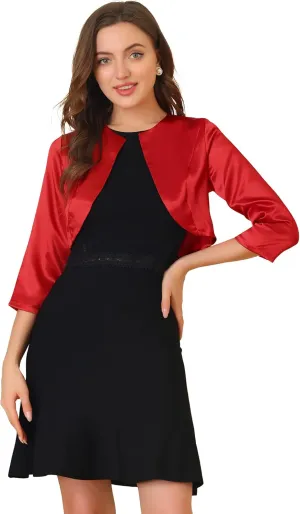 Allegra K Women's Satin Cardigan Elegant 3/4 Sleeve Solid Bolero Shrug Tops
