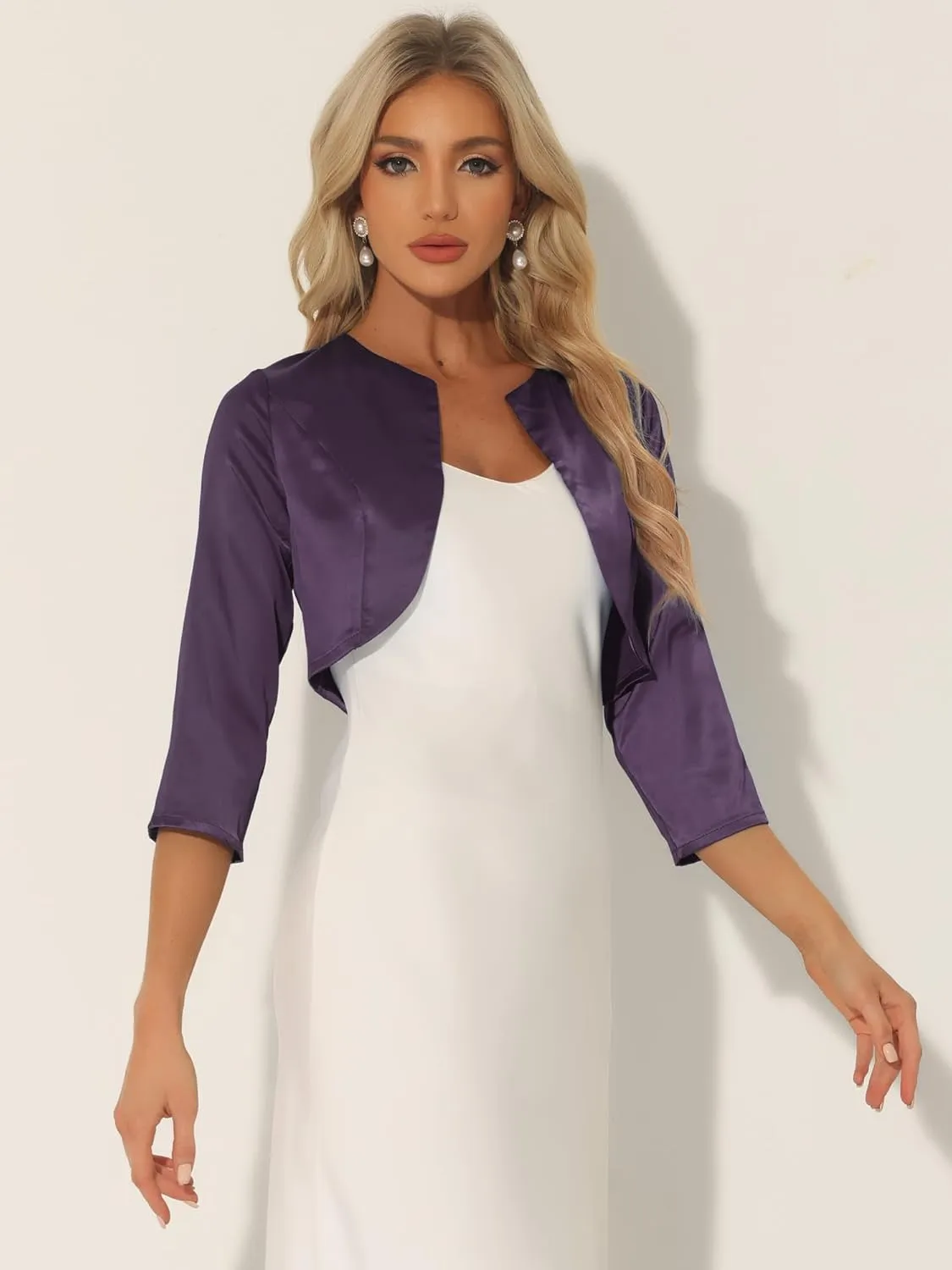 Allegra K Women's Satin Cardigan Elegant 3/4 Sleeve Solid Bolero Shrug Tops