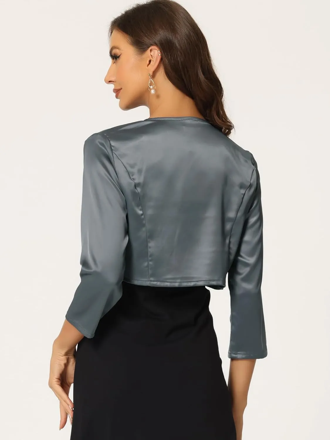 Allegra K Women's Satin Cardigan Elegant 3/4 Sleeve Solid Bolero Shrug Tops