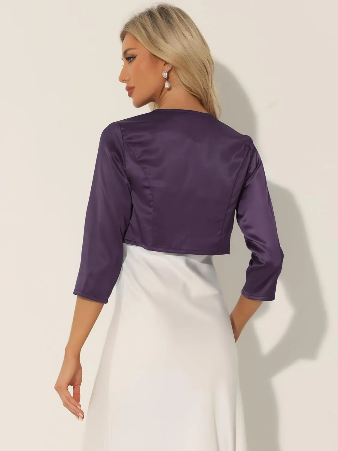 Allegra K Women's Satin Cardigan Elegant 3/4 Sleeve Solid Bolero Shrug Tops